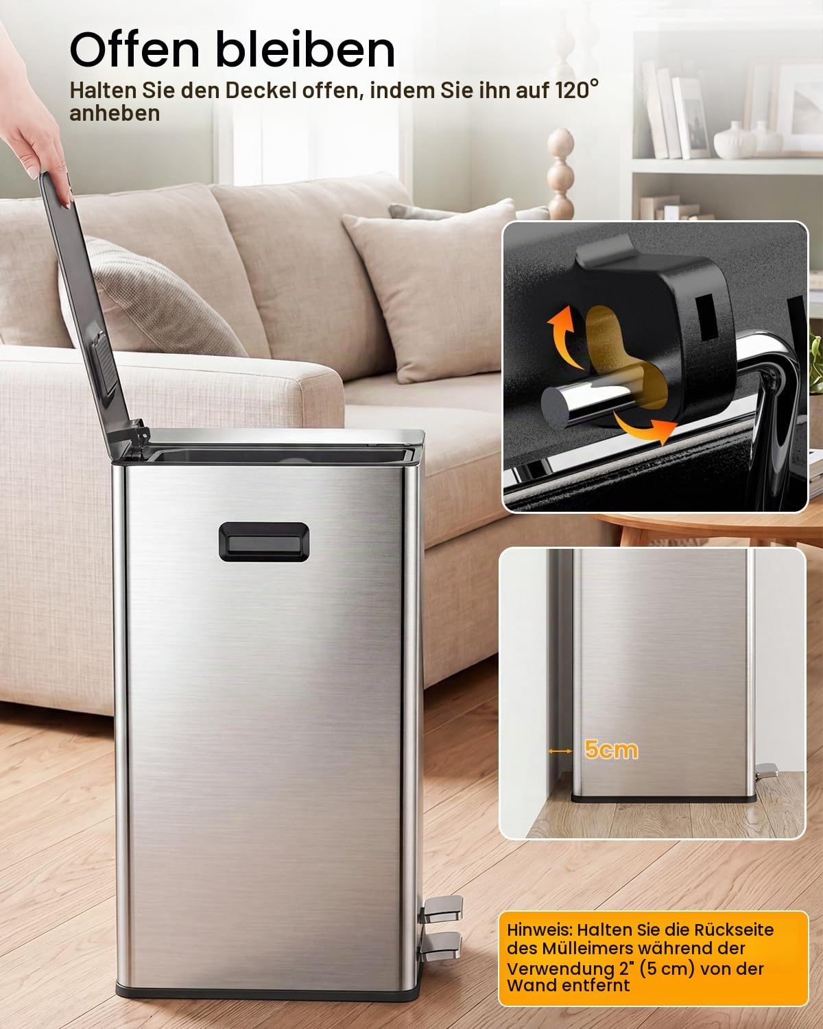 YEAUPE PRO Mülleimer Küche 40L 2x20L, 2 Fächer Abfalleimer mit Pedal, Edelstahl Mülltrennsystem, Treteimer mit Soft-Close Deckeln, Herausnehmbaren Inneneimern, Geruchsdicht, 15 Müllbeutel