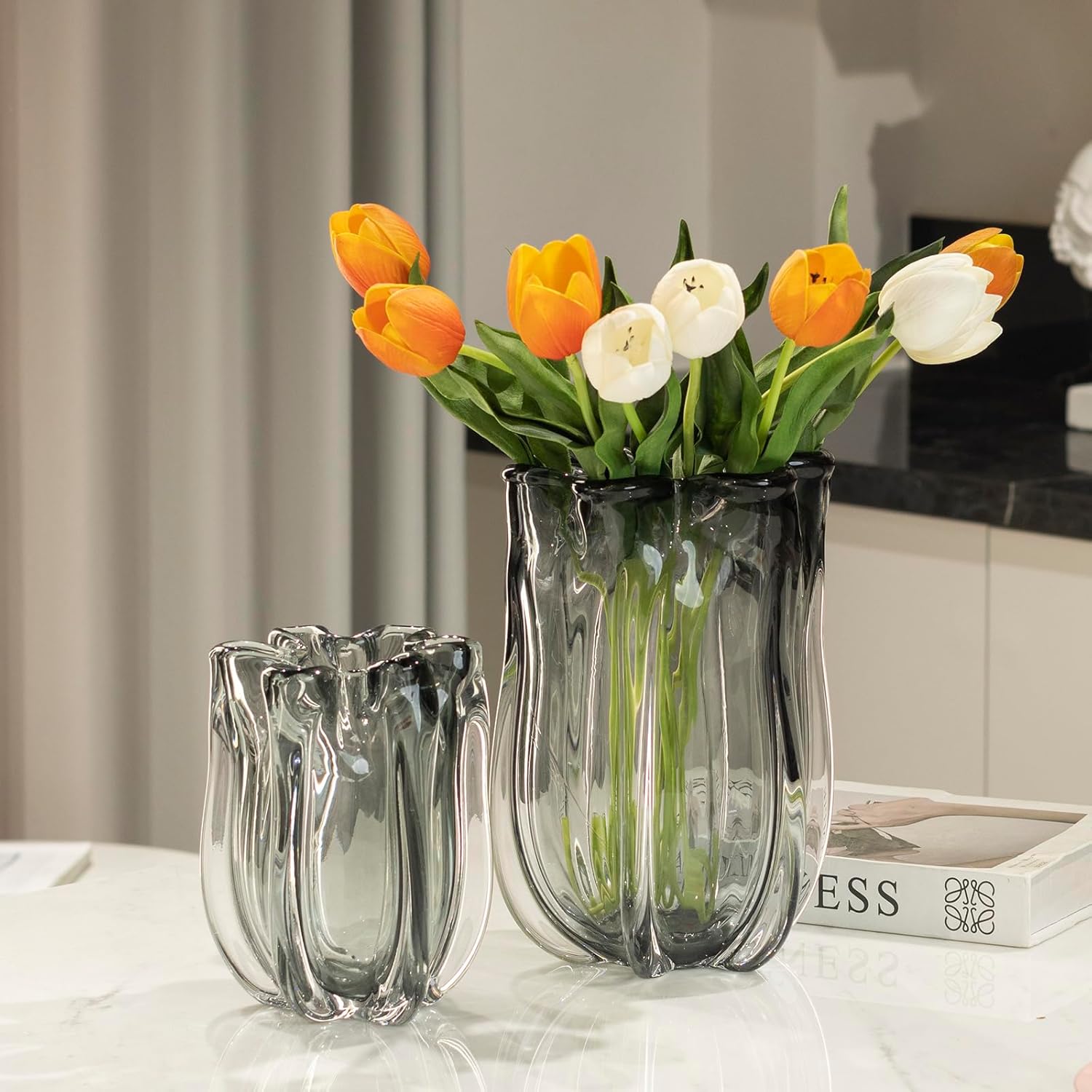 Modern Black Advanced Grey Glass Vase for Flowers, Hand Blown Art Glass Glass vase,Room Decoration and Centerpiece