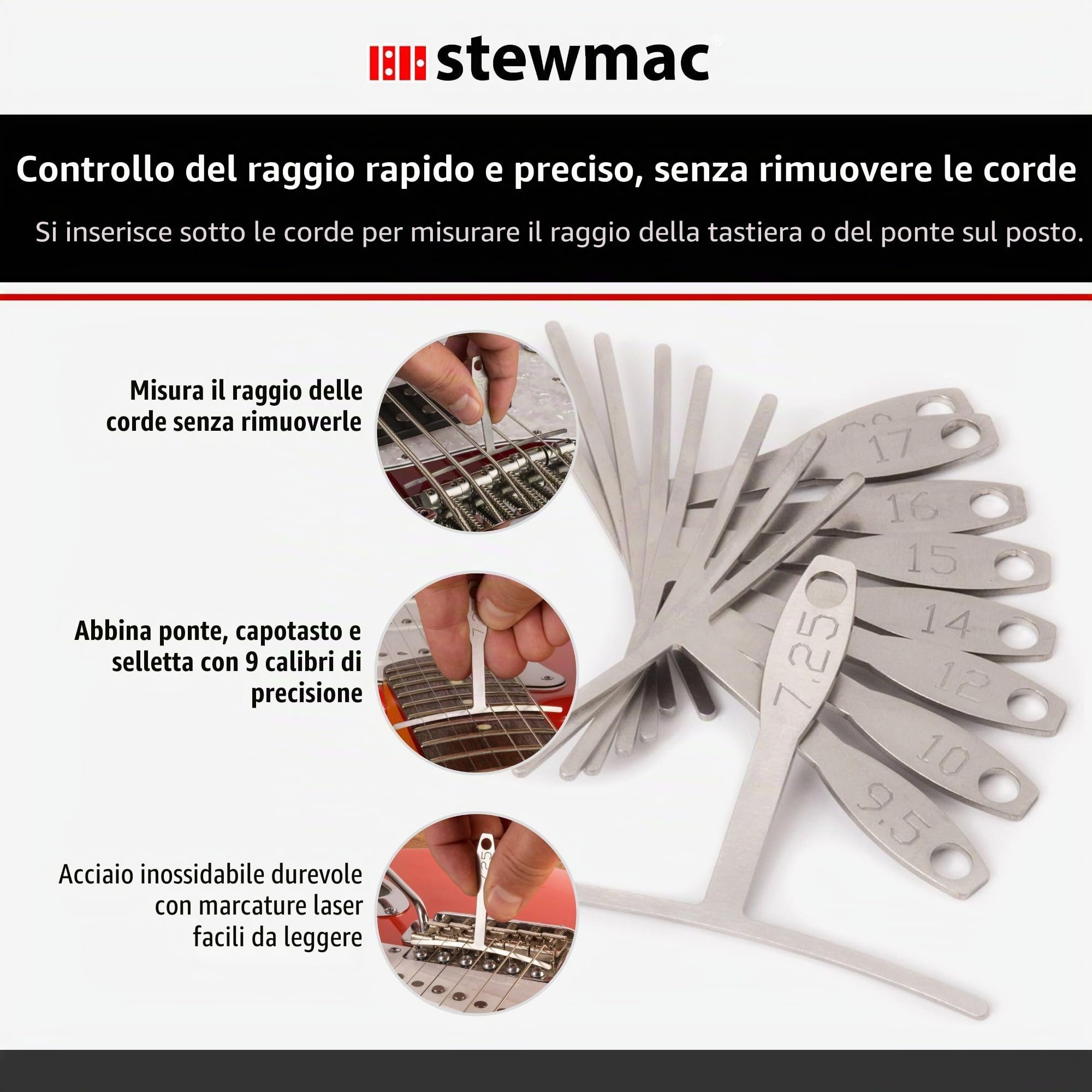 StewMac - Calibri Raggio Sotto-Corda Set 9, Larghezza Standard, Doppio Arco per Misura Raggio Tastiera e Altezza Sella, Chitarre 6 Corde e Bassi 4 Corde