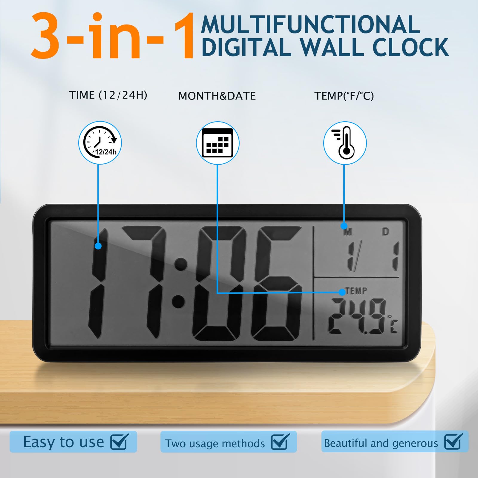 Healifty Digitale LED Wanduhr mit Thermometer und Datumsanzeige Schwarze Abs Wanduhr im Wanddesign für Wohnzimmer und Büro zur Echtzeitanzeige