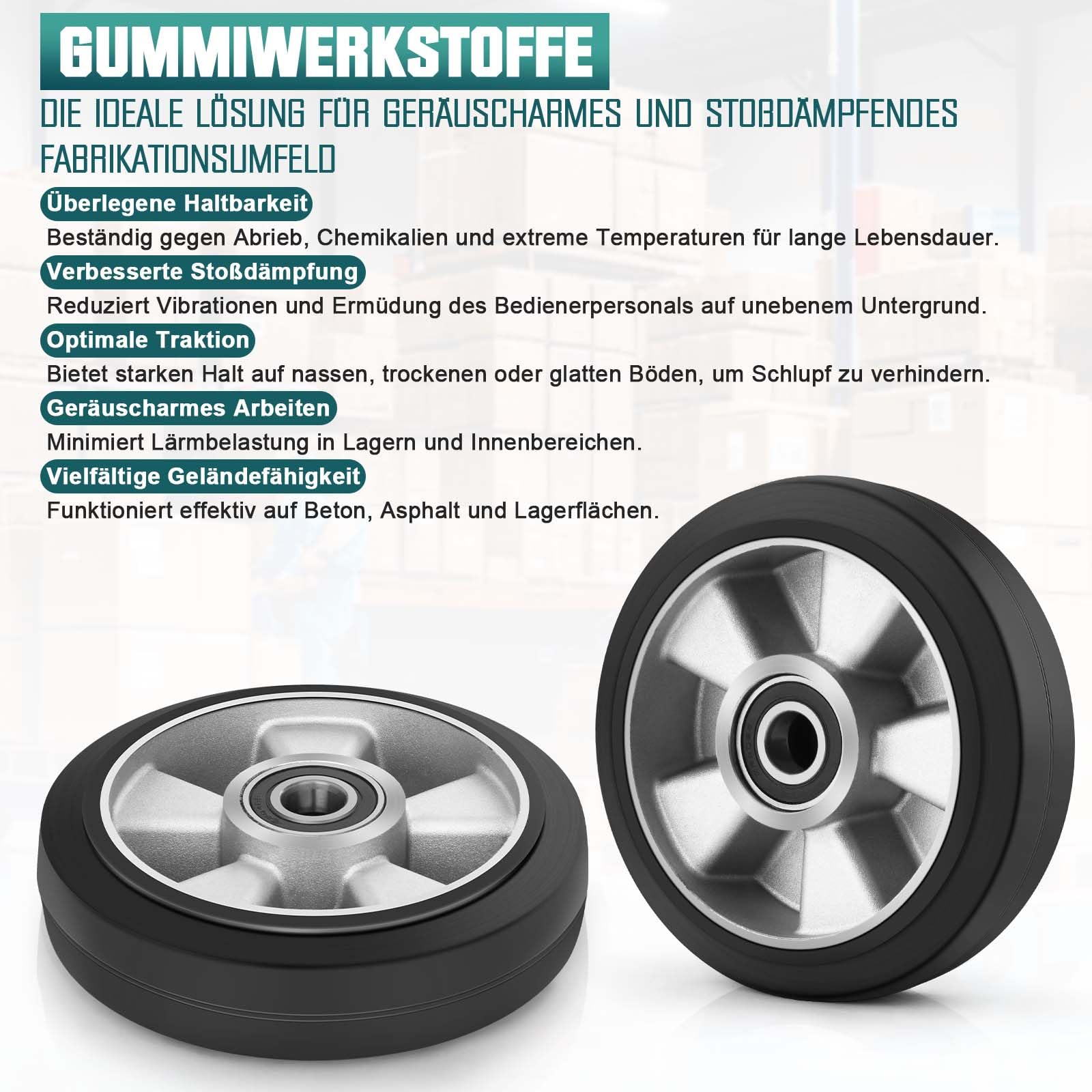 2 pezzi ruote in gomma per transpallet 200 x 50 mm, ruote di ricambio con cuscinetti a sfera | Asse 20 mm | Diametro 200 mm | Larghezza 50 mm | Carico massimo: 1500 KG