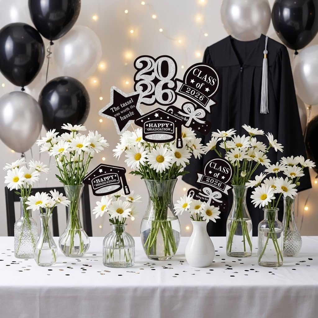 25 Pcs Silver and Black Class of 2026 Congrats Grad Table Centerpieces Congratulate Graduation Centerpiece Sticks for Graduation Party Decorations image 4