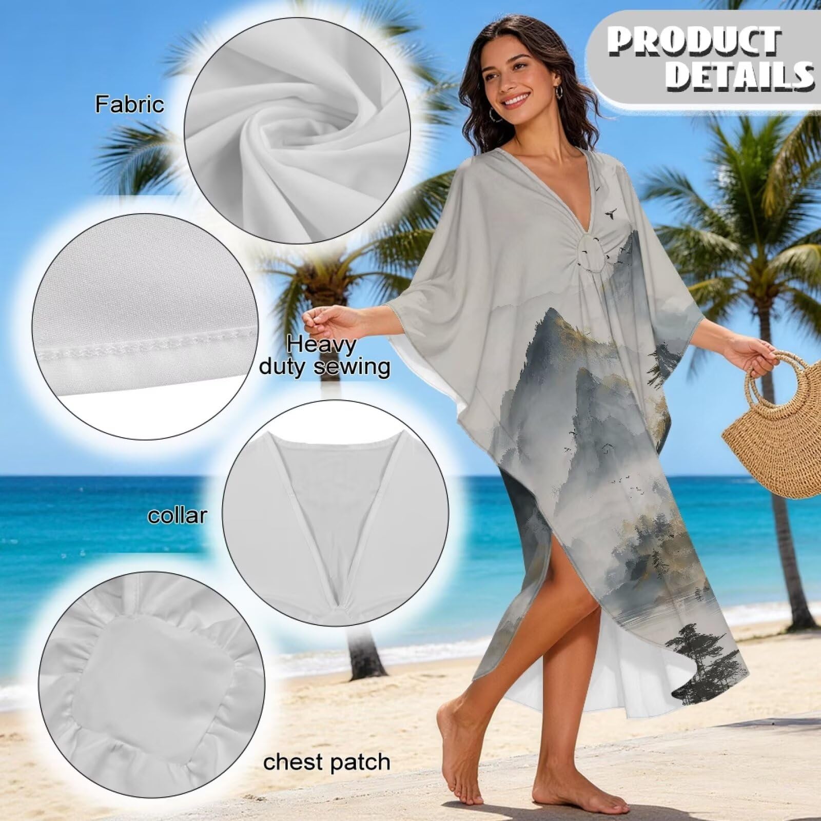 Xoenoiee Sukienki kaftan dla kobiet dekolt w serek plus size kaftany długi rękaw nietoperz okrycie plażowe letnia sukienka plażowa