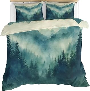 Misty Forest Bedding Set Full Size 3 Piece, Pine and Cypress Forest Duvet Cover Set, Natural Scenery Comforter Cover and 2 Pillow Sham with Zipper Closure 80" x90"