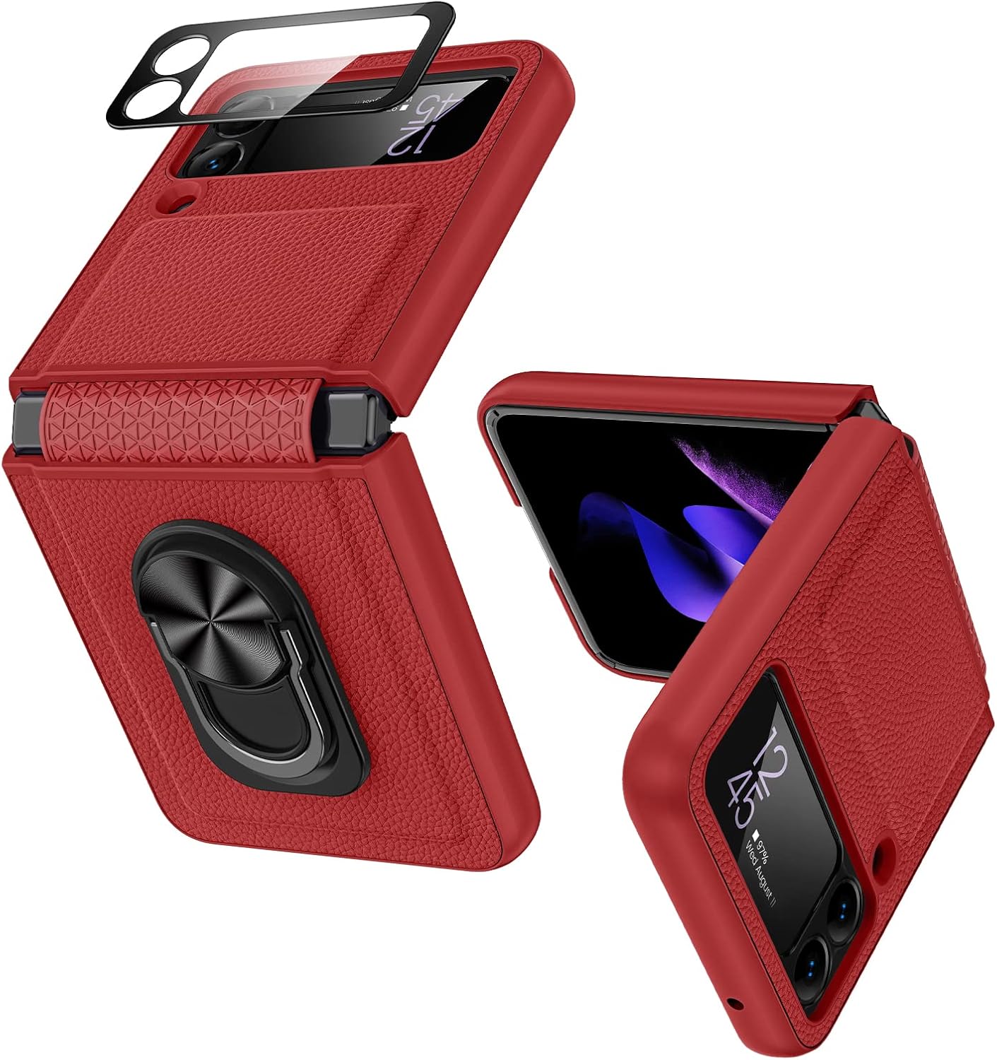 VEGO for Samsung Z Flip 3 Case, with Hinge Protection 360°Rotate Kickstand Magnetic Cover with Built-in Tempered Glass Camera Protector for Samsung Galaxy Z Flip 3 5G - Red