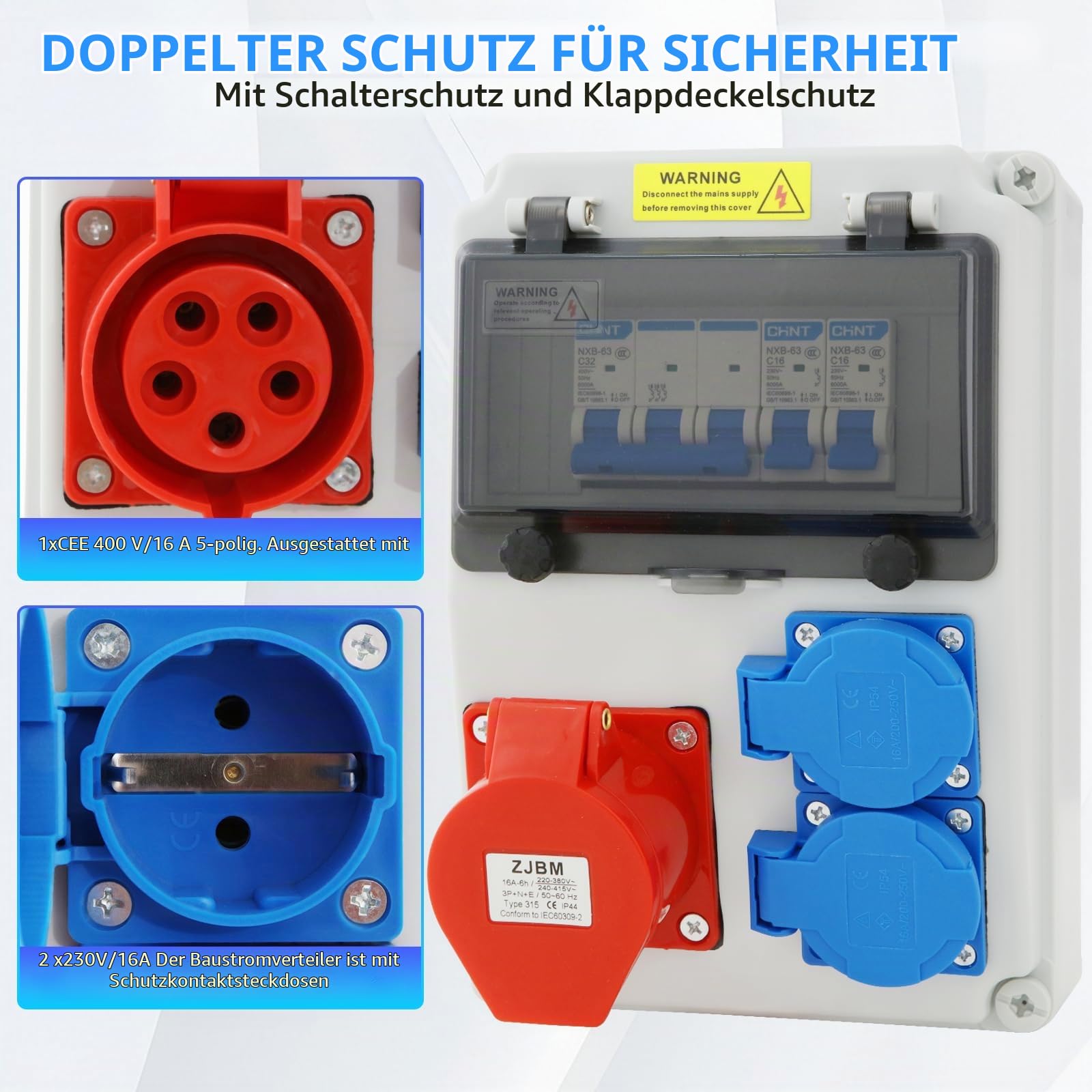 Baustromverteiler 16A verteiler Bausatz,Wandverteiler mit fi Schalter Bringen,2xSchuko-Steckdose und CEE-Steckdose,IP54 Wasserdicht Stromverteiler Steckdose,für Drinnen und Draußen Baustromverteile