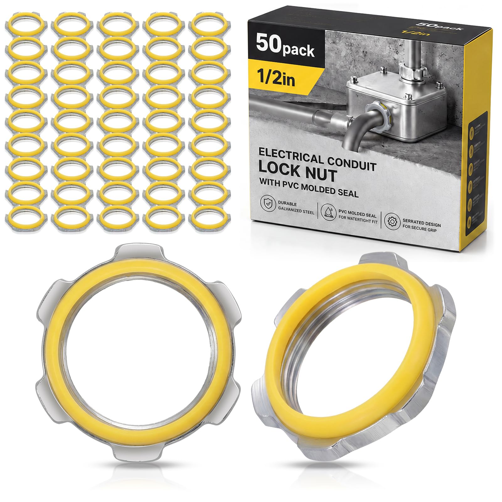 Moxweyeni 50 Pcs 1/2 Inch Electrical Conduit Lock Nut with PVC Molded Gasket Galvanized Steel Electrical Conduits Sealing Locknut for Rigid IMC Chemical Pipelines and Industry