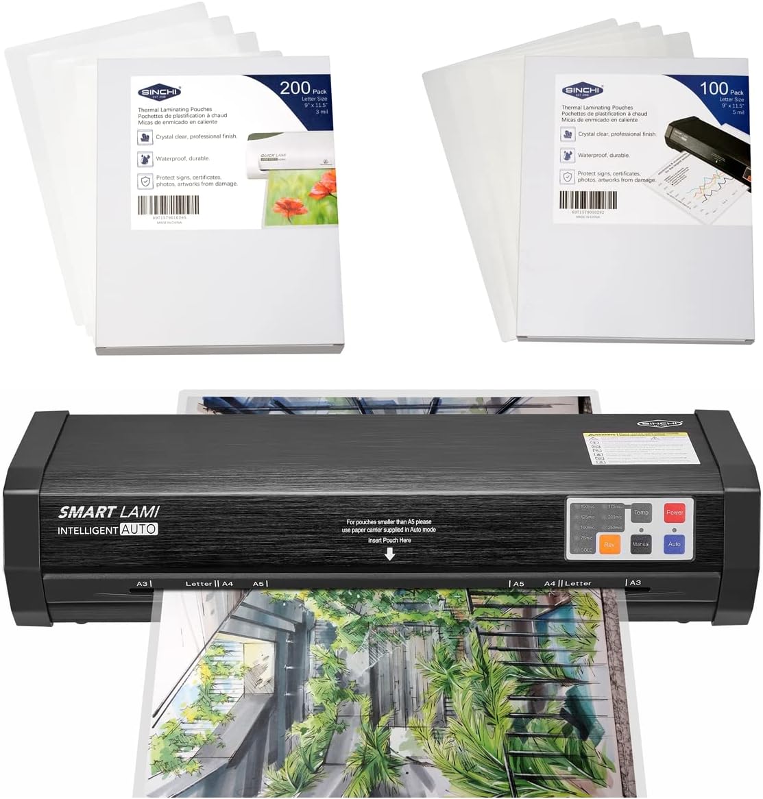 SINCHI Laminator & 3 Mil 200 Pack & 5 Mil 100 Pack Laminating Sheets