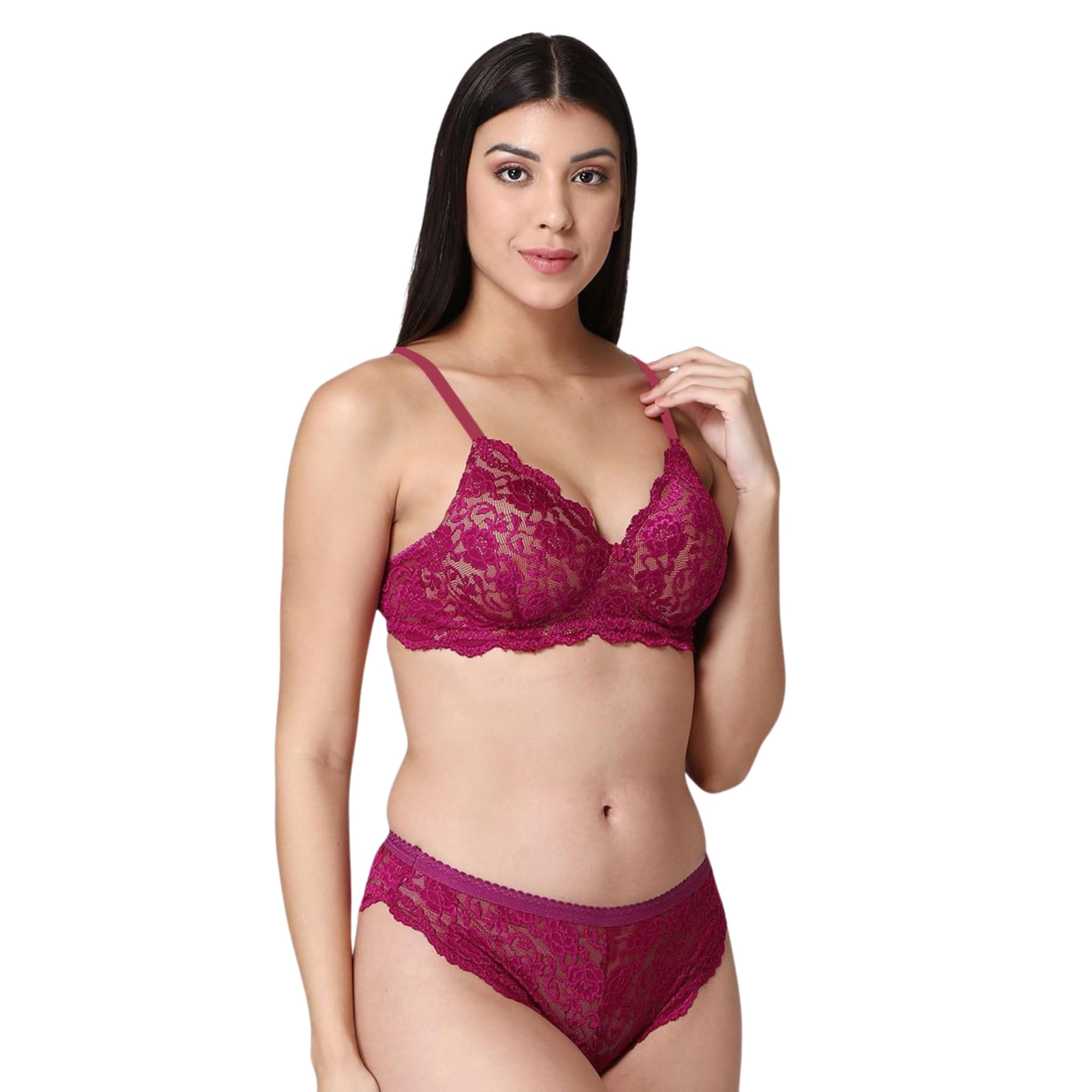 growthgift Lace Bra Panty Set for Women – Sheer Floral Lingerie with Adjustable Straps & Bikini Brief, Bridal & Everyday Lingerie | Comfortable Innerwear (Maroon, 34)-picture-53