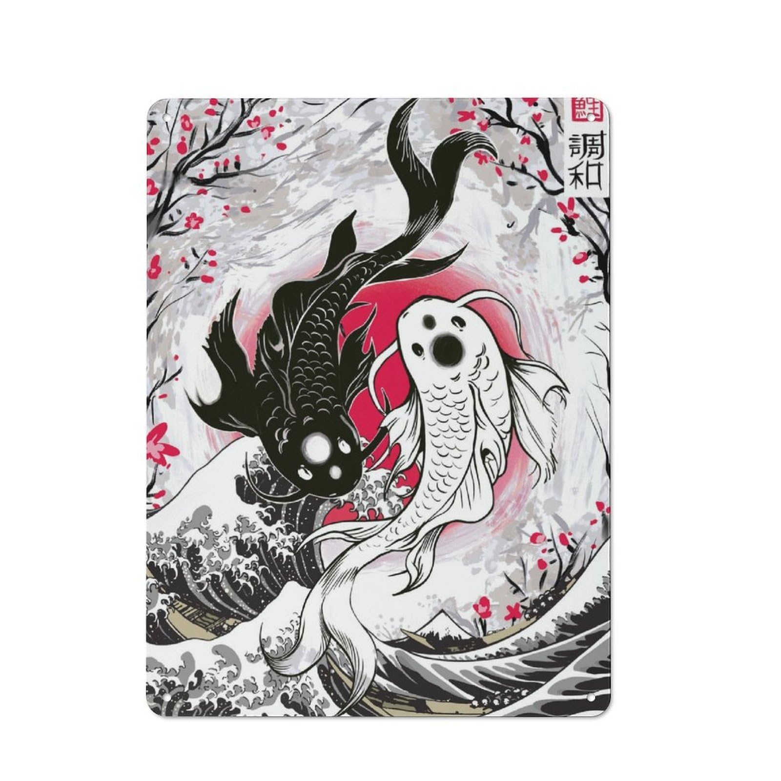 Junmoney Great Wave Koi Yin Yang Tin Sign 40X30cm With For Workshop Wall, Rustic Decor, Autumn Room Decor For Fans Of Metal Wall Signs