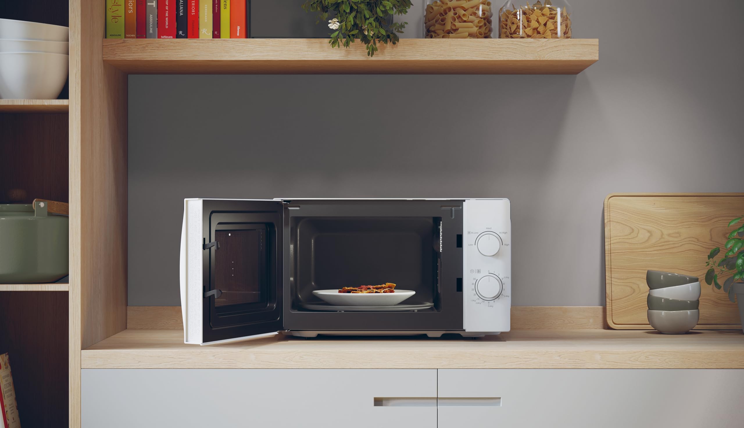 Candy Idea CMW20SMW Microondas, 20L, 700W-1050W,5 Niveles de Potencia, Panel de Control Mecánico, Alerta Acústica Finalización, Plato 25,5CM, Descongelación, Apertura Izquierda, Blanco