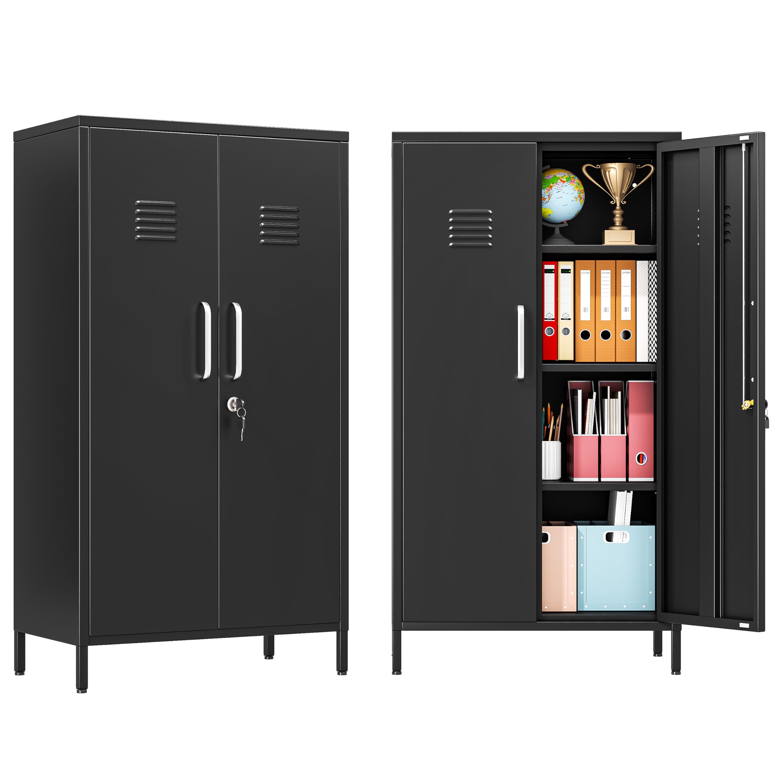 PAOFIN 47" Metal Storage Locker, Lockable Employees Metal Locker with 2 Door and Adjustable Shelves, Steel Locker for Home, School, Office, Gym (Black)