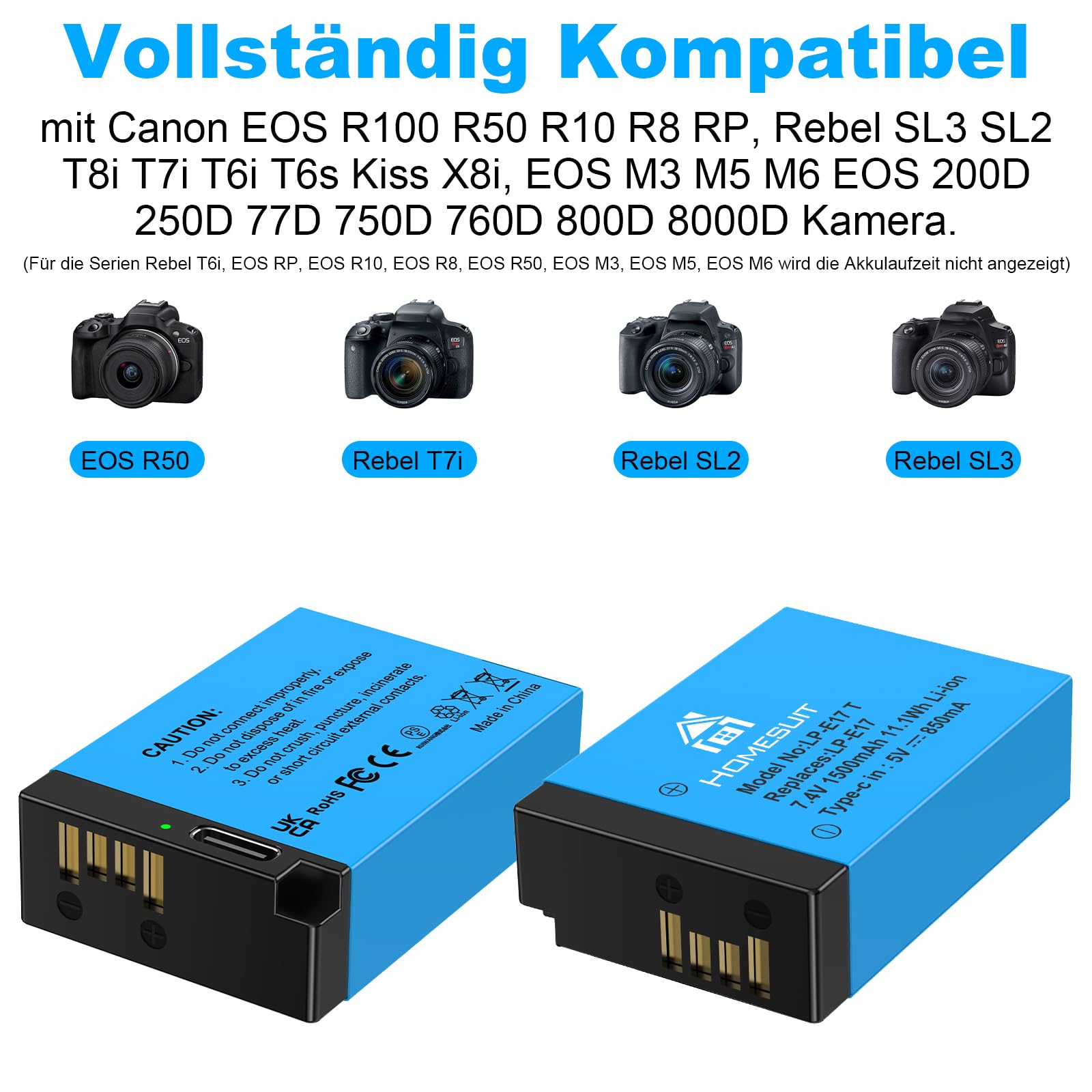 Homesuit LP-E17 Akku 1500mAh & 2-in-1 Ladekabel für Canon EOS R8, R10, R50, RP, R100, M3, M5, M6, M6 Mark II, 200D, 250D, 77D, 750D, 760D, 800D, 8000D Rebel SL3, SL2, T8i, T7i, T6i, T6s (2er-Pack)