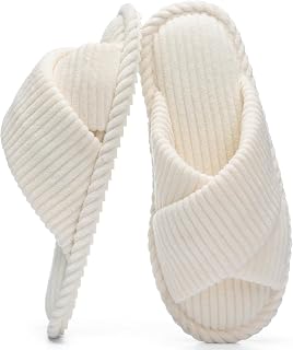 GOEWY Women's Corduroy Memory Foam Slippers - Open Toe Crossband Slides, Anti-Skid Indoor Outdoor House Shoes