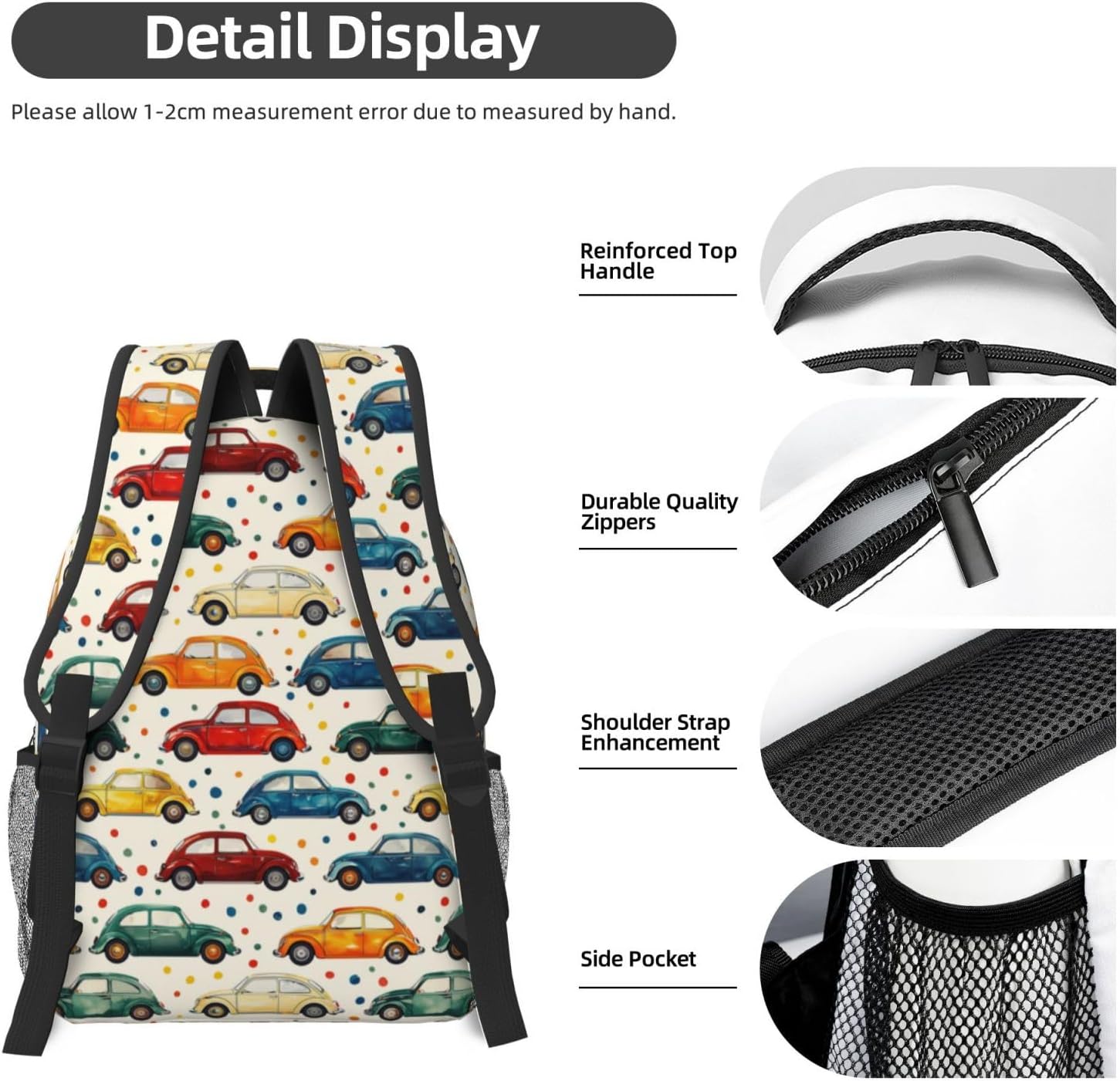 Playful Car Backpack, School Laptop Travel Polyester Funny Colorful Cars Backpacks for Women Kids, Work Sports Back Pack Casual Daypack, Lightweight Rucksack Gifts for Hiking Camping Gym image 5