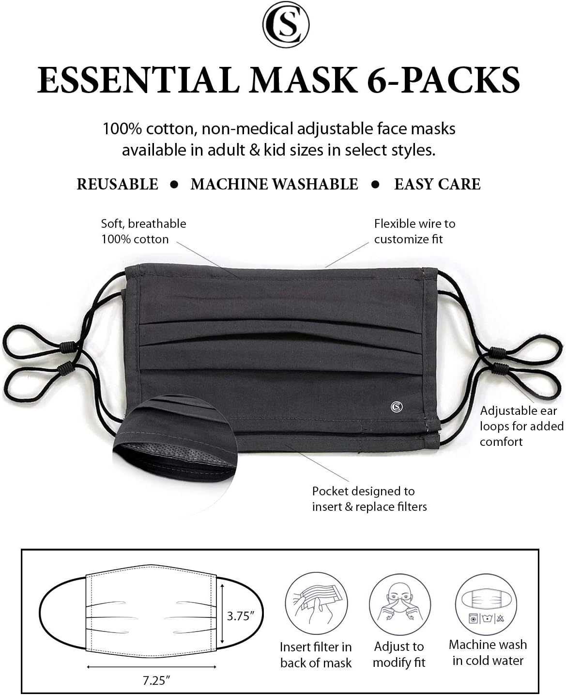 Con.Struct Face Mask, Face Mask 6-Pack Washable Unisex Cotton Cloth Face Mask (Charcoal Floral Geo)