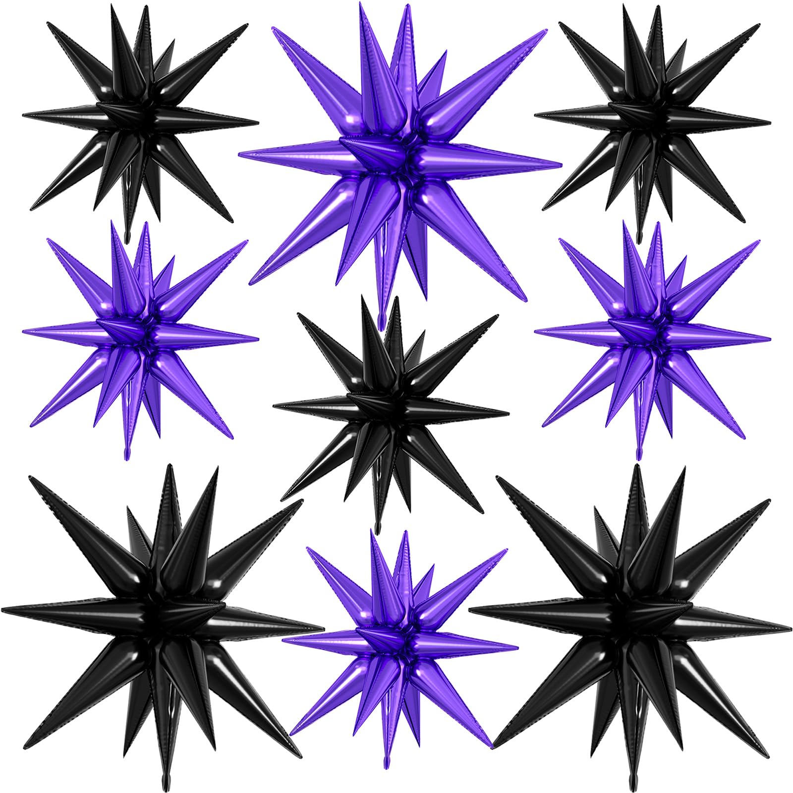 9Pcs Purple and Black Star Balloons, Large Explosion Foil Balloons, Metallic Mylar Spike Balloon for Graduation Birthday Anniversary Wedding Halloween Disco Party Supplies, 3 Pcs 27Inch & 6 Pcs 22Inch — image 1