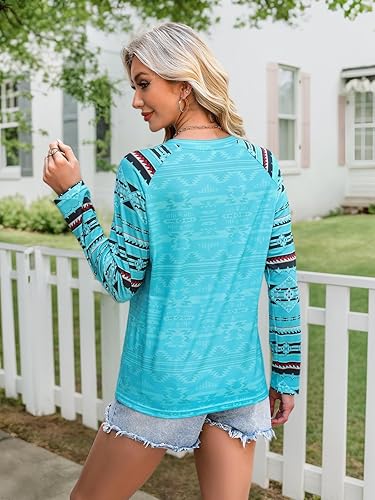 Miniatura 3 de Bellelily Camisetas de manga larga para mujer, estampado de vaca azteca, estilo Henley, camisetas gráficas para mujer, estilo casual, cuello en V,