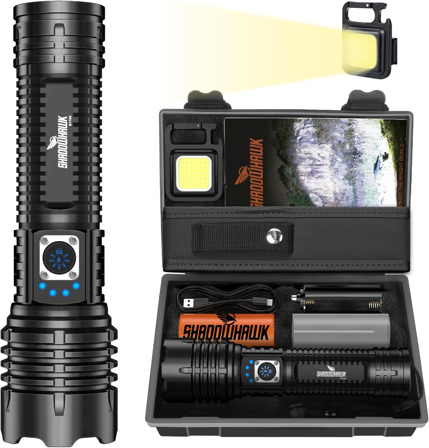 Shadowhawk Torch Lights Rechargeable Torchlight, Led Torch 10000 Lumens XHM77.2 Flash Light with COB Keychain Light, Bright Waterproof Charging Torch Light High Power Flashlight for Trekking Emergency