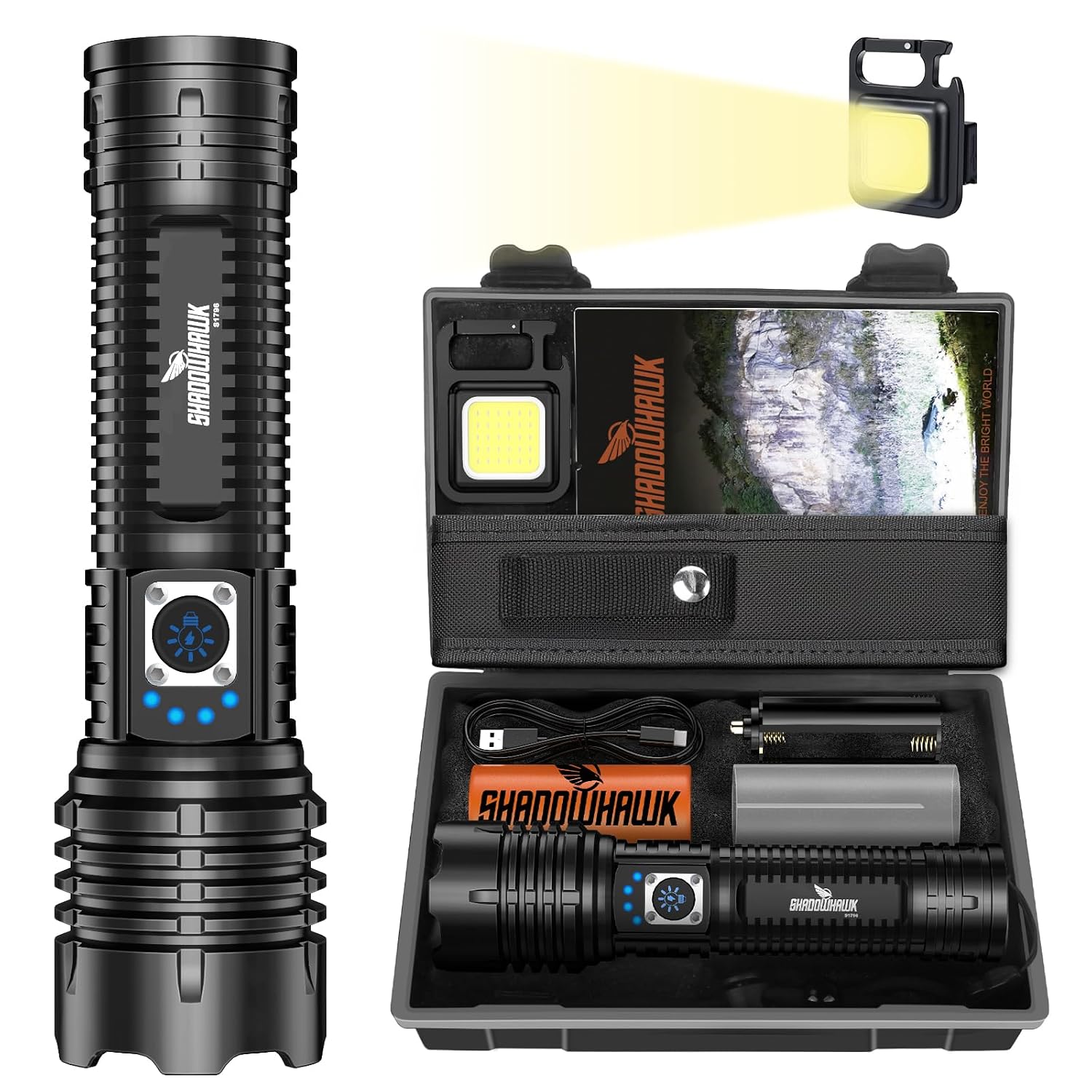 Shadowhawk Torch Lights Rechargeable Torchlight, Led Torch 10000 Lumens XHM77.2 Flash Light with COB Keychain Light, Brigh...