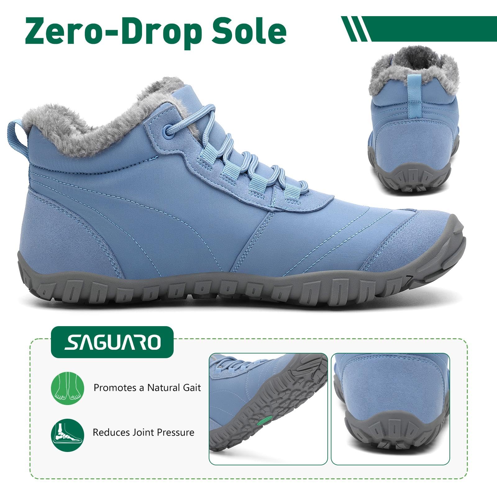 SAGUARO Damskie zimowe botki Barefoot - ocieplane, szerokie palce i podeszwa Drop Zero, rozmiar 36-42