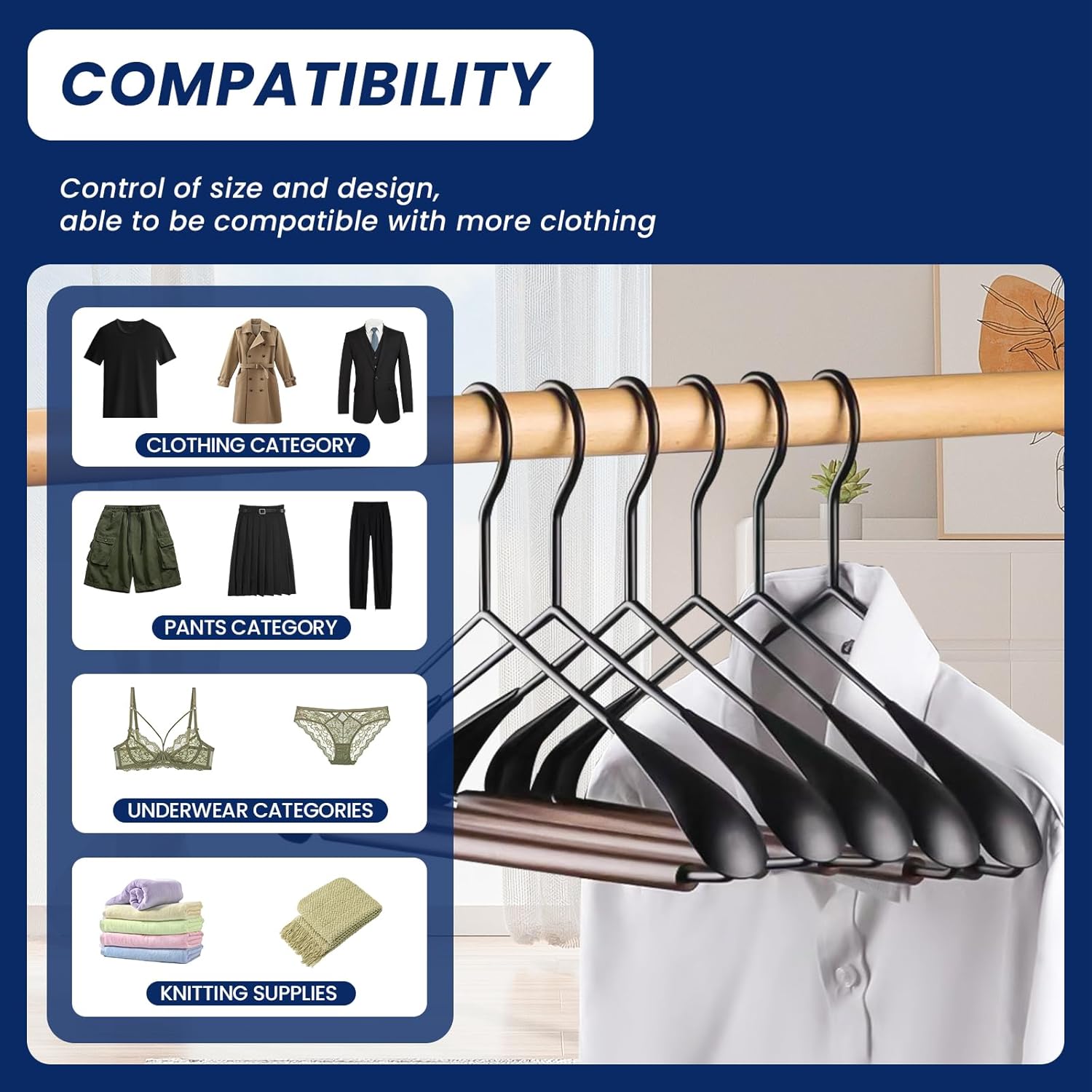 Jiang&Rong 12 Pack Wide Shoulder Metal Hangers - Heavy-Duty Retro Wooden Pants Bar Suit Hangers for Closet, Dresses, Pants, Sweaters, Jackets