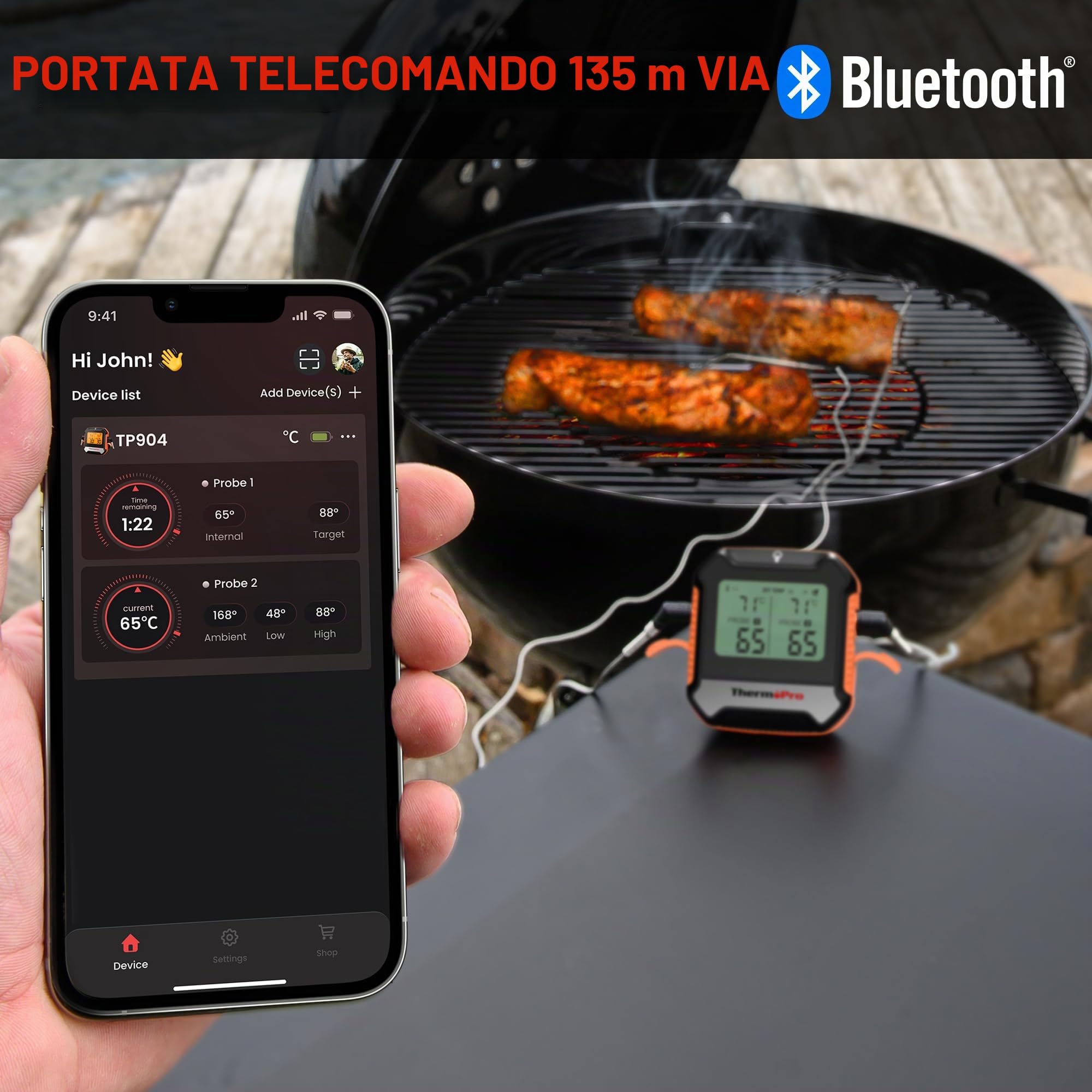 ThermoPro TempPro TP904 Termometro cucina Termometro Bluetooth per carne con 2 sonde di temperatura Termometro alimentare intelligente digitale per la cucina barbecue griglia forno affumicatore
