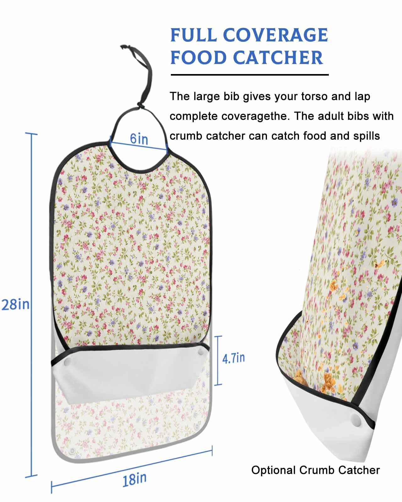 Fall Flower Leaves Adult Bib for Adults Men, Women, Red Green Rose Floral Botanical Plant Washable & Adjustable Terry Cloth Bib with Crumb Catcher Reusable Waterproof Clothing Clothes Protector Apron