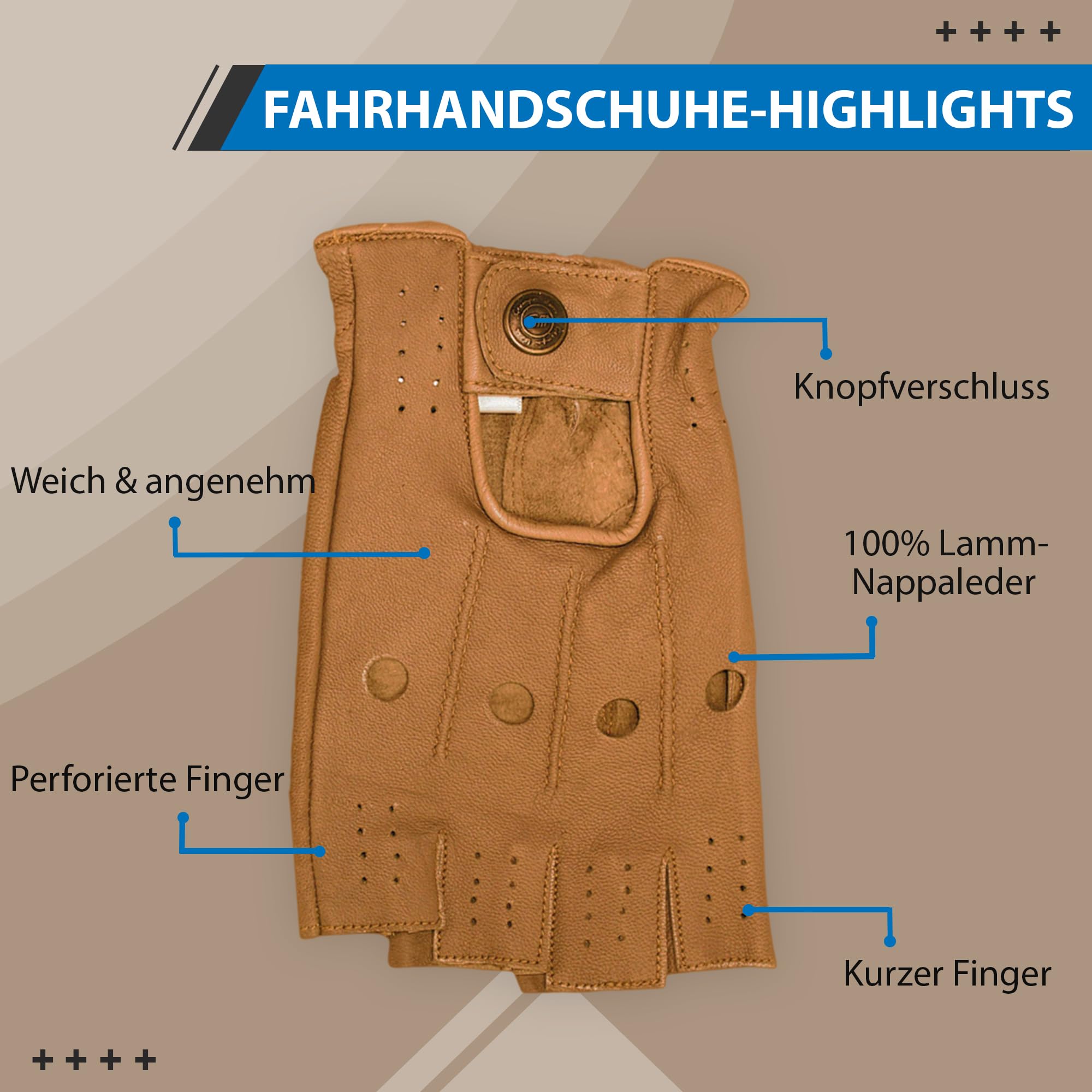 German Wear Guantes de automovilista sin dedos de cuero para conductores masculinos, adultos