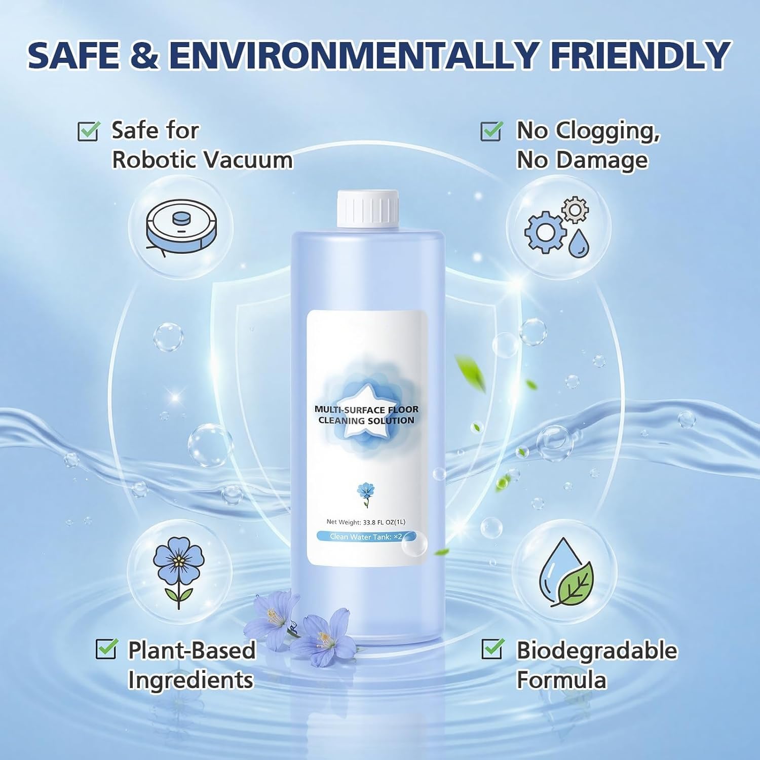 Detergente Per Robot Lavapavimenti Compatibile Con ECOVACS DEEBOT X11 Omni/X9 Pro/T80/T50/N30/N20, Multisuperficie Senza Striature, Formula Concentrata Ad Asciugatura Rapida, 1L X 2