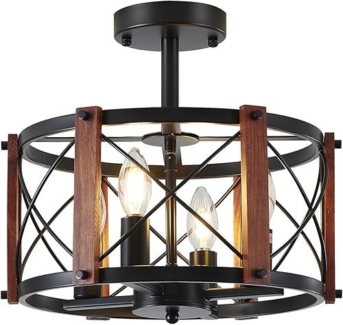 Miniatura 9 de 4 luces de techo de granja, de madera, semiempotradas, accesorios de iluminación de cocina, lámparas industriales negras para entrada, candelabros