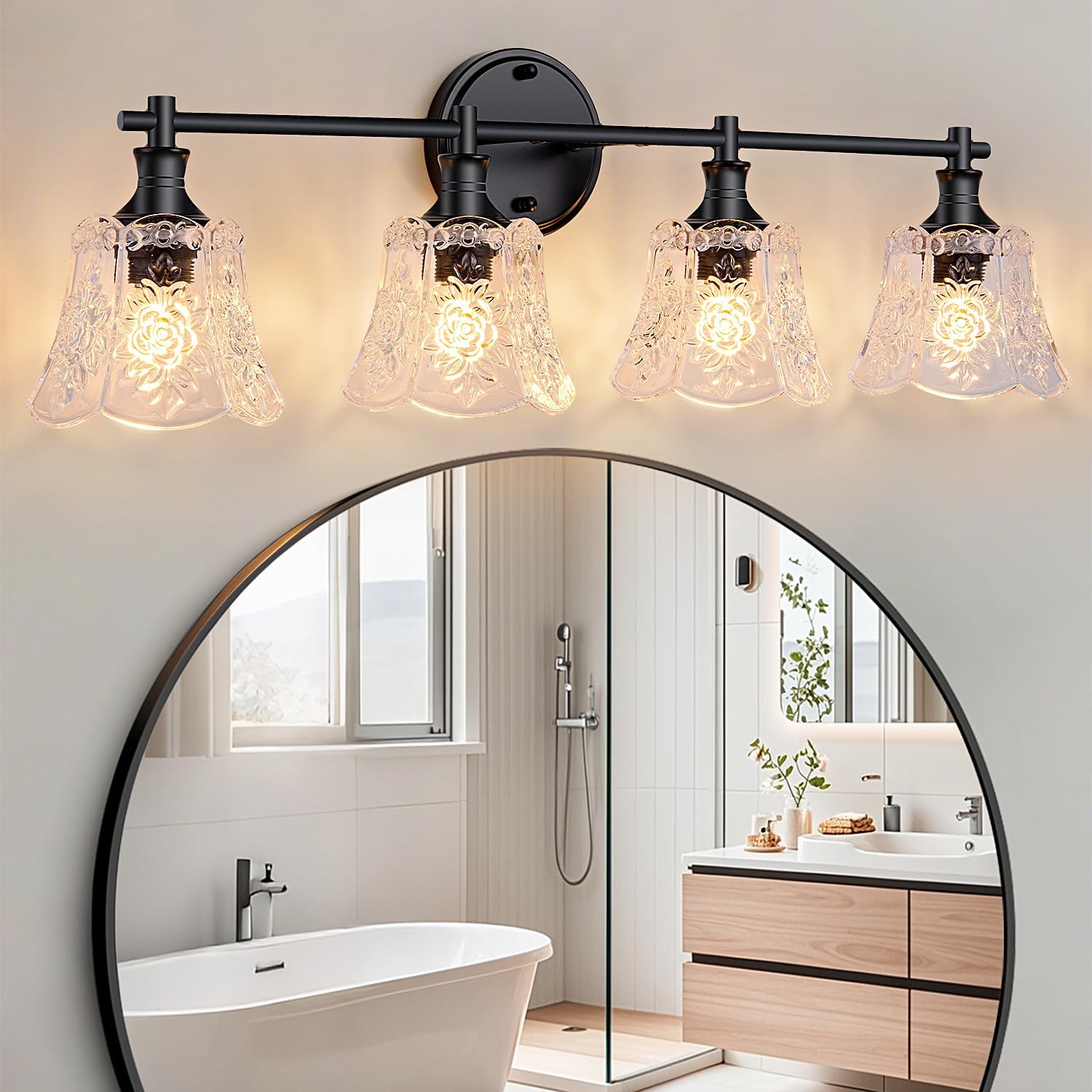 Gefolly Bathroom Light Fixtures, 4-Light Vanity Lights Over Mirror with Personalized Glass Shade, Wall Decor Lamp for Bedroom Hallway Living Room, Black