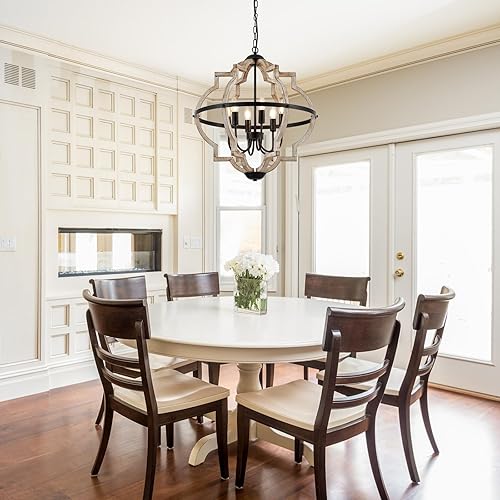 Miniatura 3 de TACDANDM Candelabro de granja para comedor, vintage, rústico, roble envejecido, blanco, 23 pulgadas, 6 luces, colgante de madera, globo, lámparas de