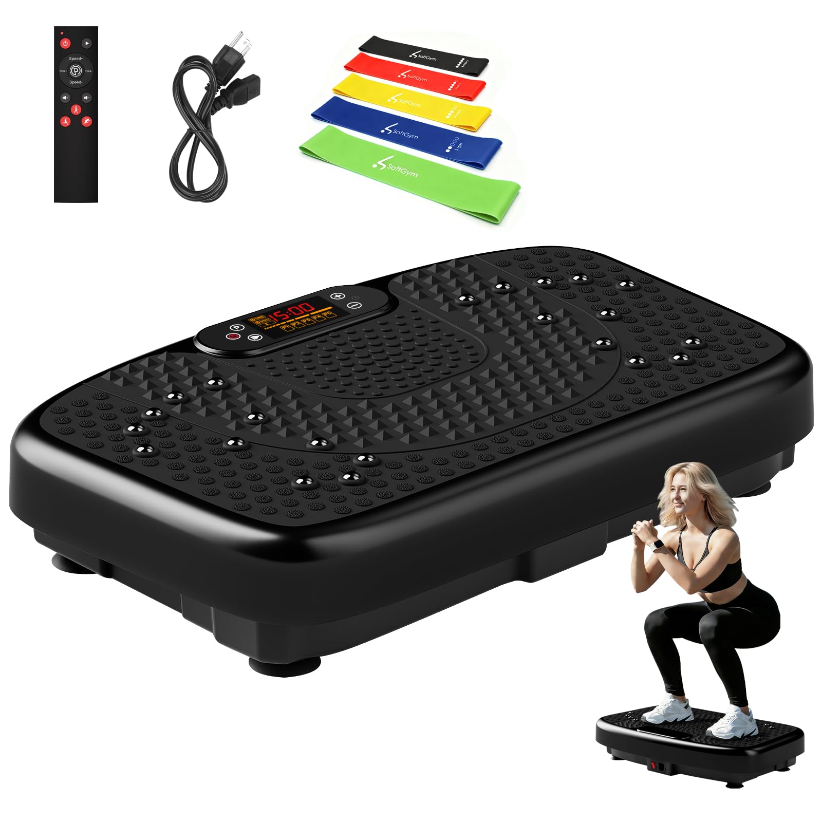 SoftGym Vibration Plate Exercise Machine for Lymphatic Drainage,Power Vibrate Stand Shake Board 450 Lbs Capacity Whole Body Workout Waver with Resistance Bands Weight Loss Gift for Women Men-Bluetooth