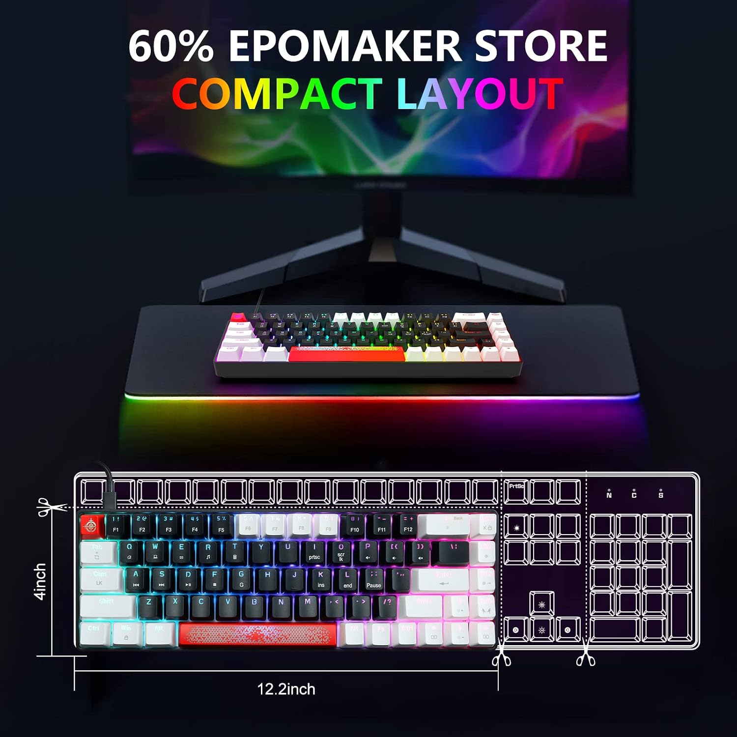 FELICON 60% Wired Mechanical Keyboard, RGB Backlight Compact 68 Key Small Gaming Keyboard All Keys Anti-Ghost, Type-C Waterproof Color Mouse Pad for Windows Laptop PC Mac(Black White & Blue Switch)