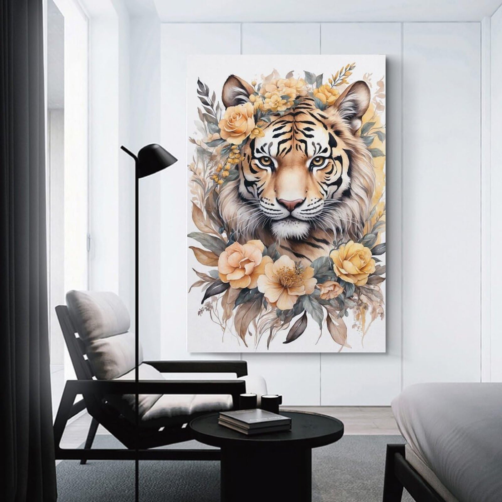 Junmoney Unframe-Style-15 Decorative Canvas Print Tiger Portrait With Floral Arrangement, 16X24inch(40X60cm), For Home Office, Desk Area Or Studio, Home Office Artwork With Decorative Appeal
