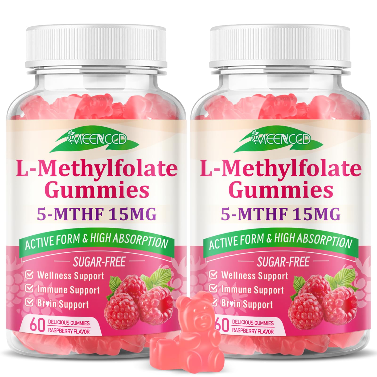 MEENCCD 2 Pack L-Methylfolate Gummies, Methylfolate Supplement, 5-MTHF Supplement - Active 5-MTHF - Supports Overall Wellness, Vegan, Raspberry Flavor, 120 Count 60 Count (Pack of 2)