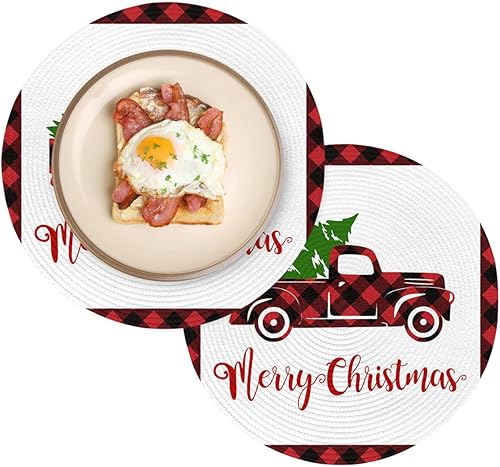 Miniatura 8 de Paquete de 2 manteles individuales redondos trenzados para mesa de comedor, copo de nieve de Navidad, árbol de Navidad, camión rojo de granja blanca