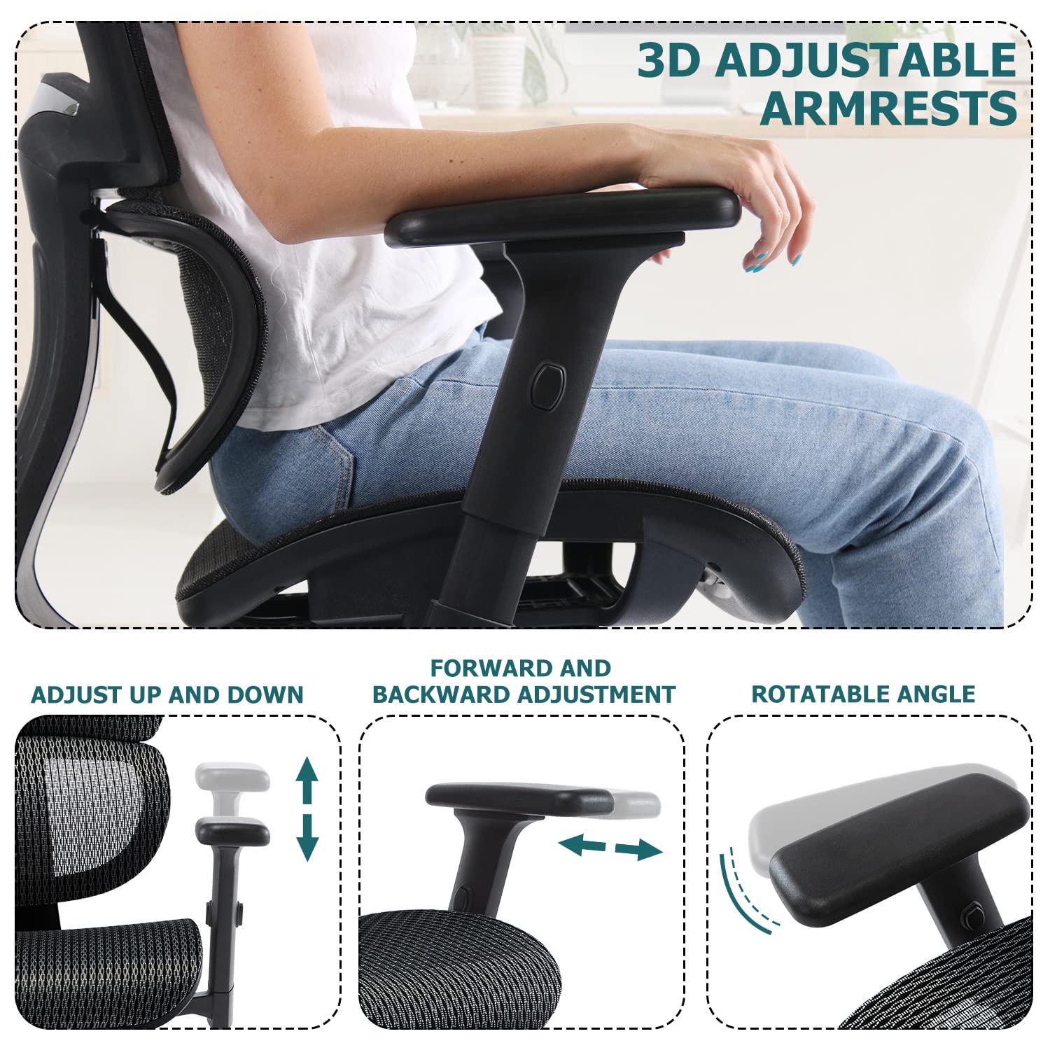 Ergonomic Office Chair, Large High Back Computer Chair, Mesh Home Desk Chair with Dynamic Lumbar Support, Tilt and Lock, Rolling Executive Swivel Task Chair with 3D Adjustable Headrest and Armrests
