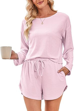Kikibell Womens 2 Piece Pajamas Sets Long Sleeve Top and Shorts Matching Lounge Set Loungewear Sleepwear Pjs with Pockets