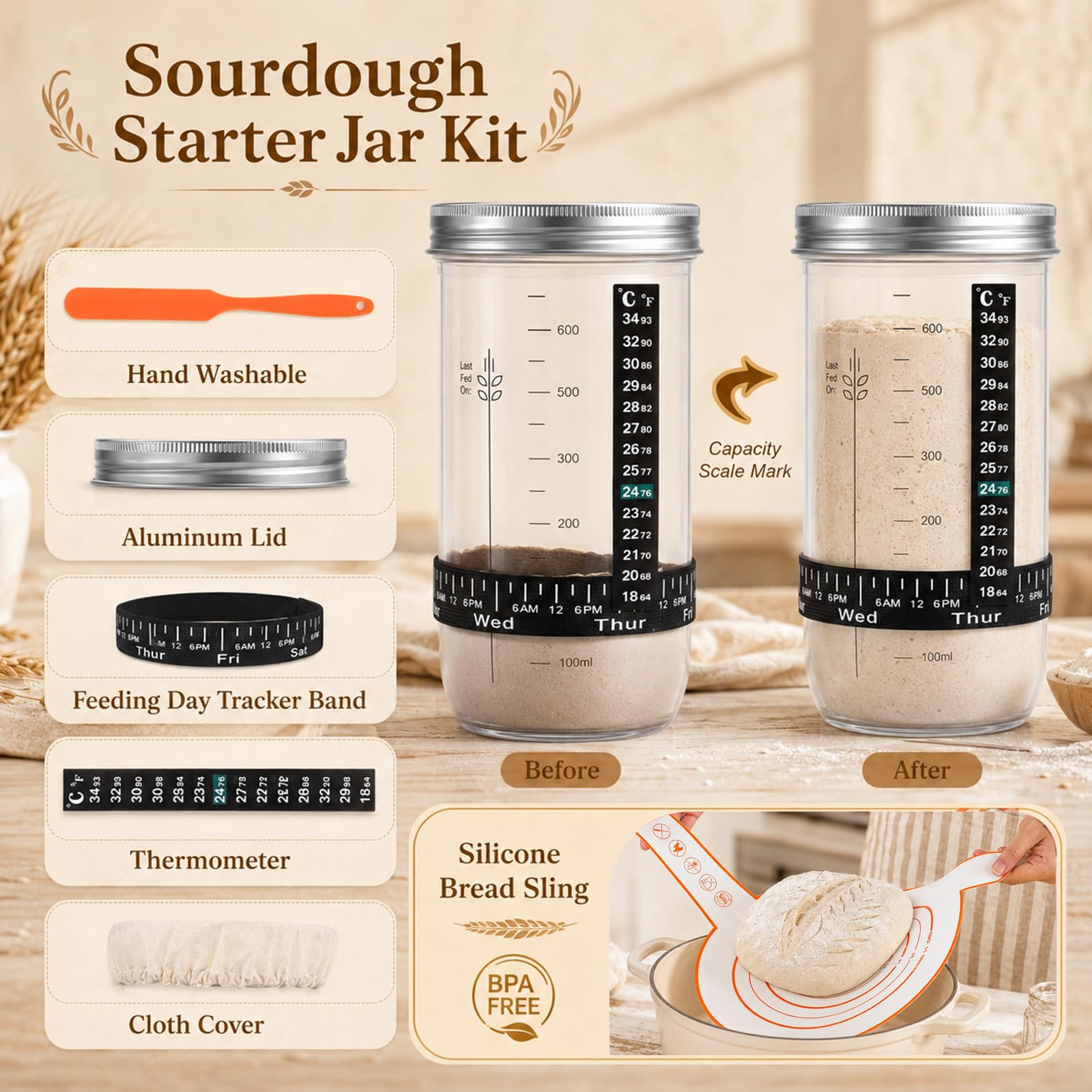 Lot de 16 paniers à fermentation ovales et ronds de 25,4 cm et 22,9 cm avec verre de démarrage, spatule, élingue à pain, moule à pain Banneton, accessoires de pâtisserie pour boulangers amateurs