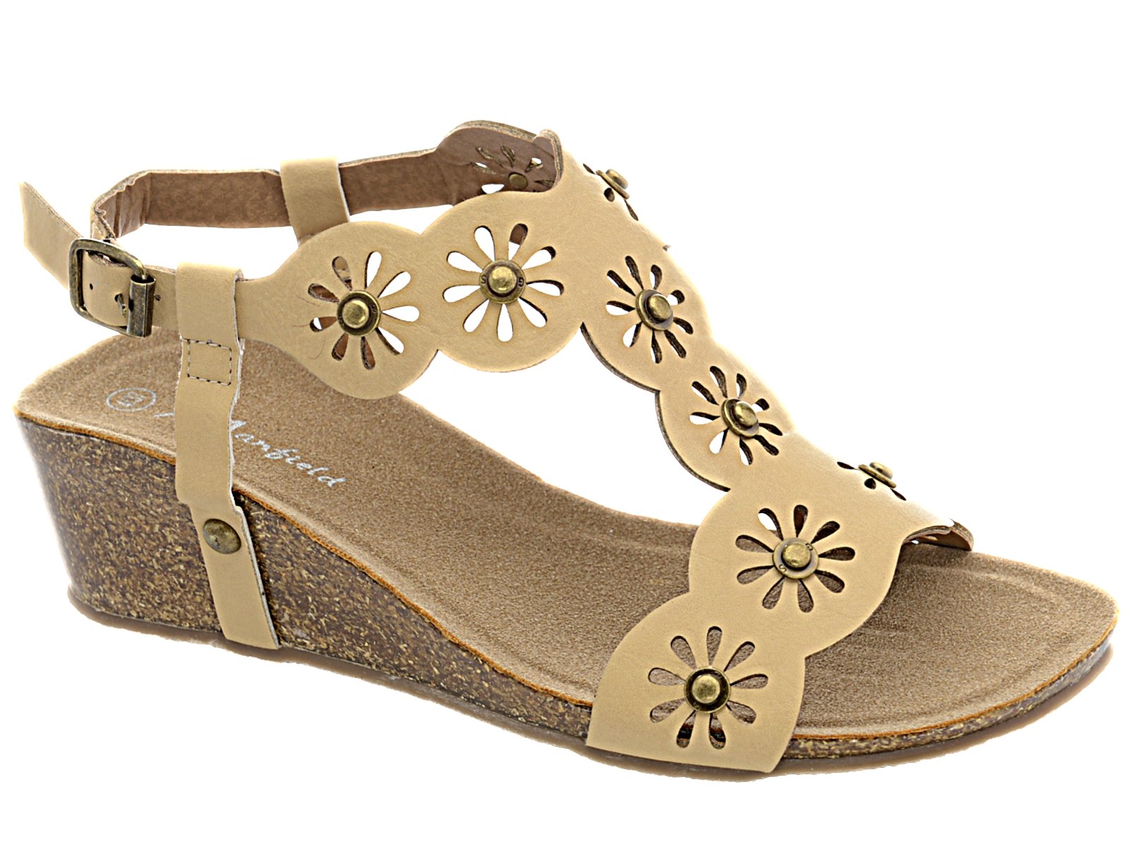 ManfieldLadies Faux Leather Look T Bar Summer Flower Wedge Peep Toe Beach Sandal Shoe