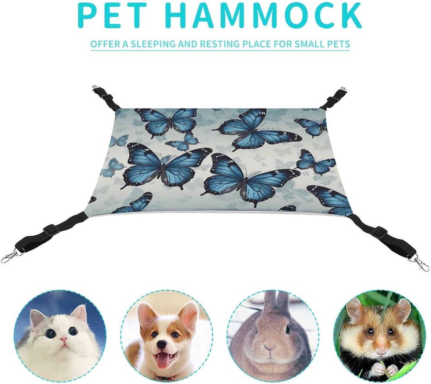 review Hanging Pet Hammock, Blue Butterfly Printed Soft Breathable Pet Hammock with Adjustable Straps and Metal Hooks for Cats Small Dogs Rabbits Sugar Gliders