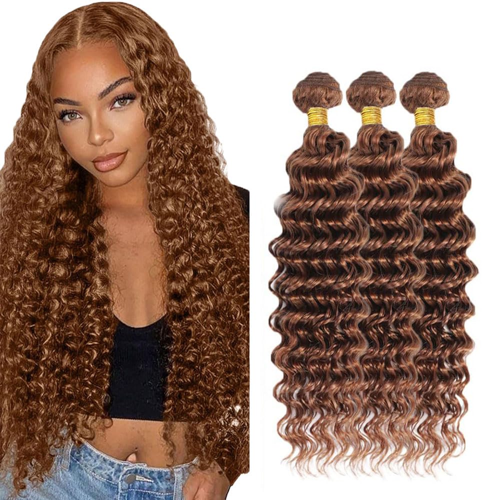 Shoaiye Deep Wave Bundle Human Hair #30 Light Brown Weave 3 Bundles Total 300g Unprocessed Remy Virgin Double Weft Glueless Human Hair Extension 24 26 28 Inch