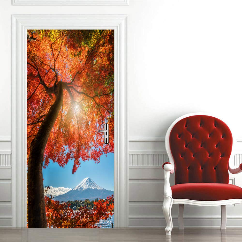 Sticker porte trompe l'oeil arbres et soleil pour illuminer votre salon 83x204 cm