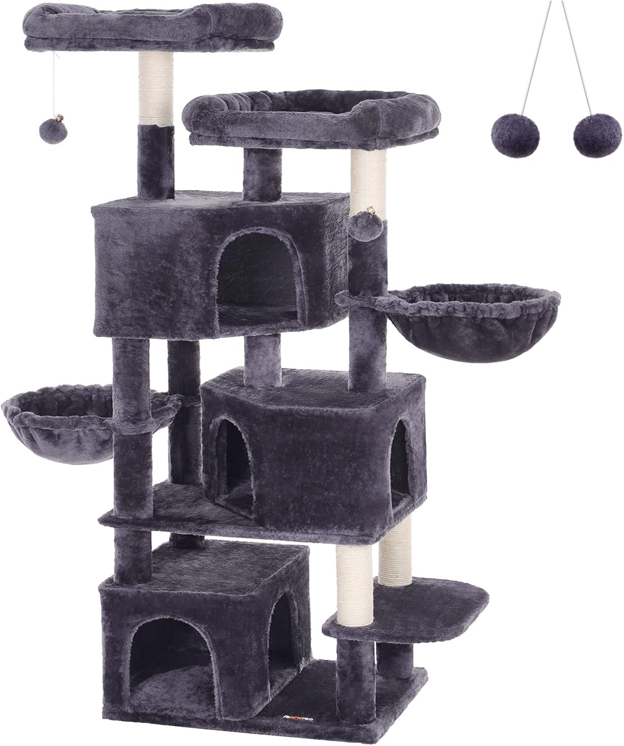 FEANDREA Large Cat Tree with 3 Cat Caves, 164 cm Cat Tower, Smoky Grey PCT98G