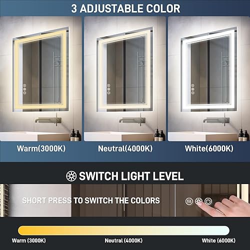 Miniatura 3 de FURNIFIXTURE Espejo de baño LED de 24 x 32 pulgadas, espejo de tocador iluminado para pared con retroiluminación y dos luces frontales, antivaho, a