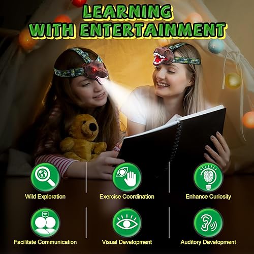 Miniatura 9 de Linterna de dinosaurio para niños, paquete de 2, faros LED recargables, modo rugido y silencioso, juguetes de dinosaurio T-Rex 3-5, 4, 6, 5, 7, 6,