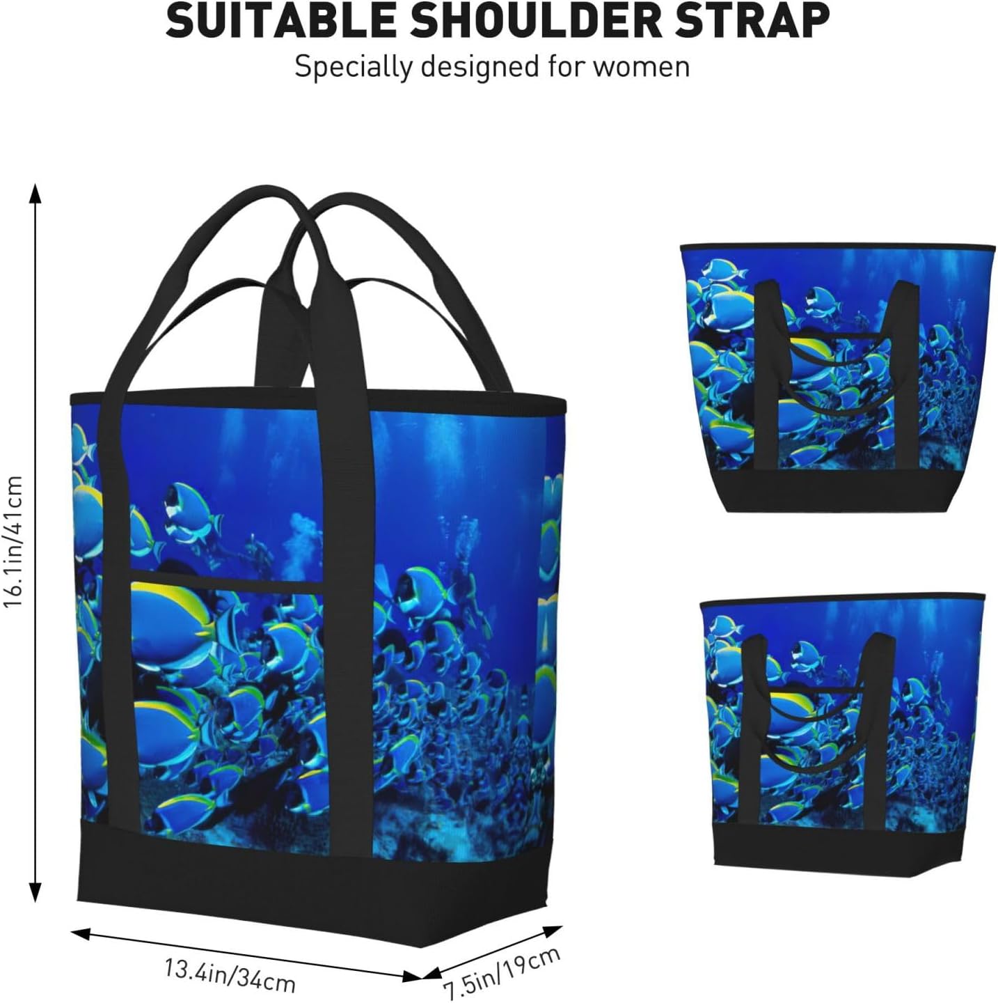 Blue Fishes Ocean Print Large Cooler Bag Tote Bag,Reusable Grocery Bag,Lunch Box Bag, For Picnic Beach Camping
