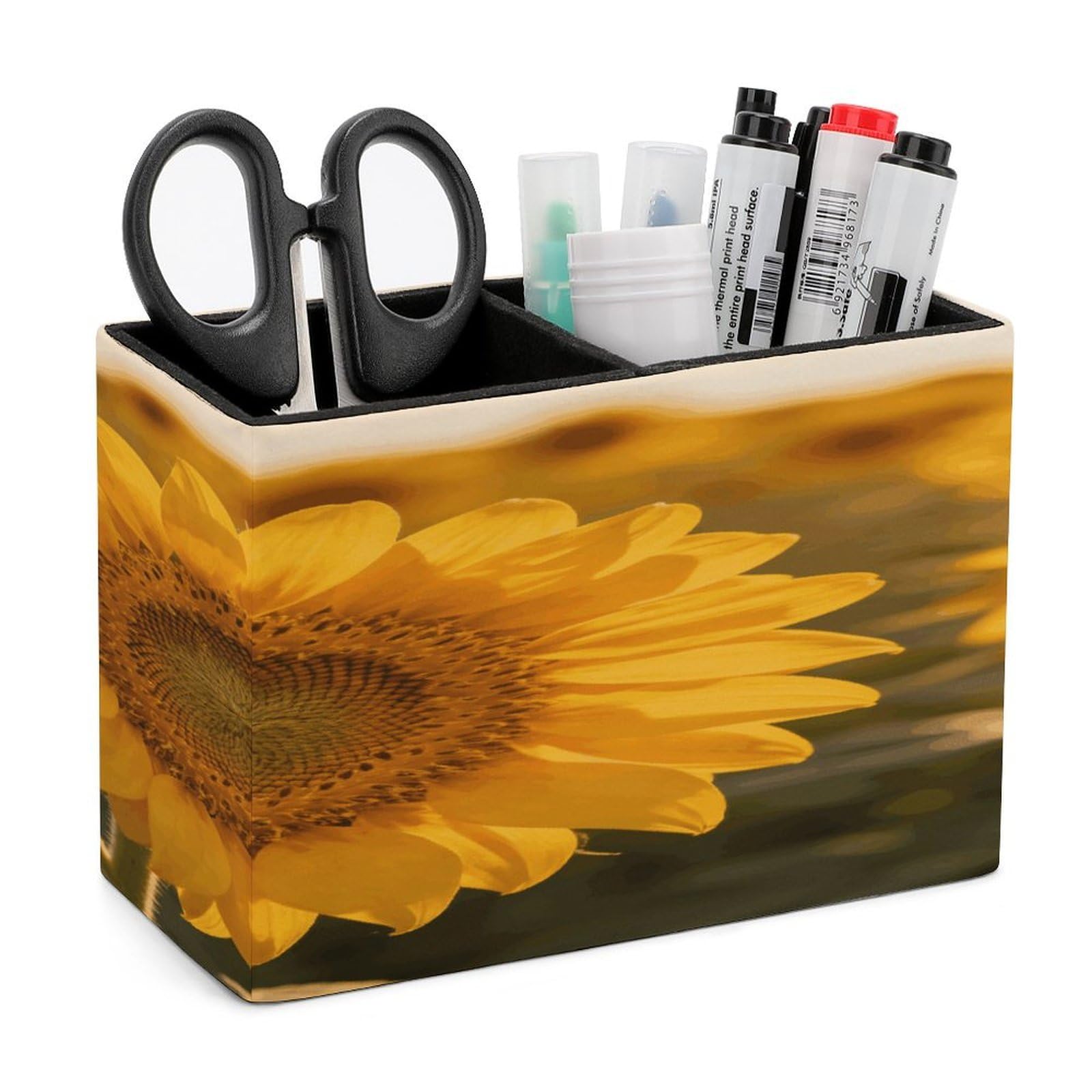 LZQPOEAS Sunflower Pen Holder Double Compartments Pen Cup Makeup Brush Holders Leather Pencil Holder Locker Organizer for Work Locker Accessories Modern Pencil Cup for Desk